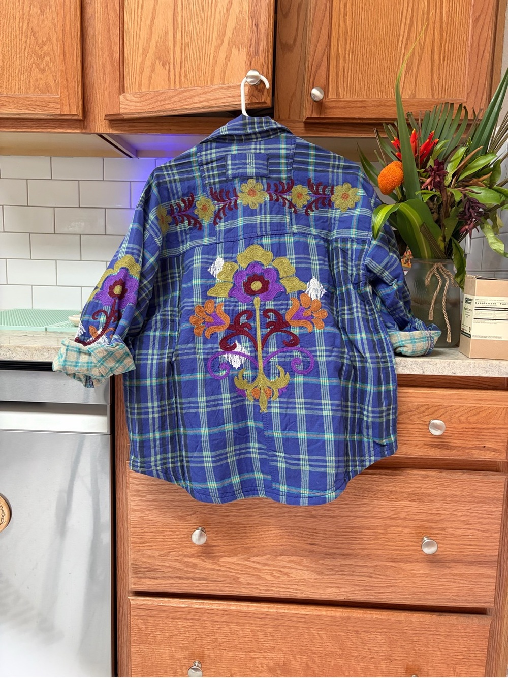 Blue Plaid Embroidered Button-Up Shirt